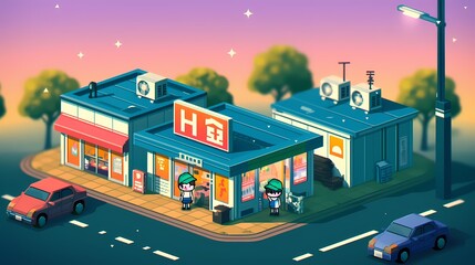Naklejka premium Colorful animated street scene featuring cute characters in a vibrant urban setting.