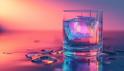 Glass of water glowing in three soft hues, creating a serene and enchanting ambiance. Realistic textures and subtle illumination highlight the calming beauty of this colorful drink. 🌈💧✨