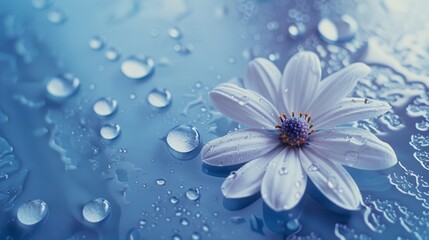 Obraz premium A delicate flower with petals adorned with raindrops, resting on a reflective blue surface, creating a tranquil and fresh scene.
