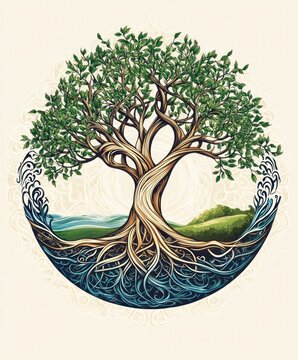A stylized tree with intricate roots and leaves, symbolizing nature and interconnectedness.