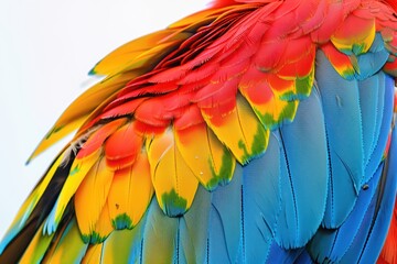 Close-up of a vibrant parrot feather showcasing its stunning colors of red, yellow, and blue in exquisite detail. © JK_kyoto