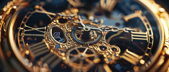 Close-up of an intricate golden pocket watch mechanism showcasing detailed craftsmanship and classic elegance.