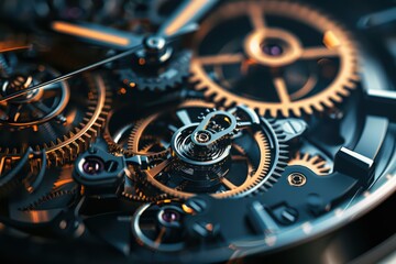 Fototapeta premium Close-up of intricate watch gears showcasing fine craftsmanship and precision engineering in a beautifully designed timepiece.