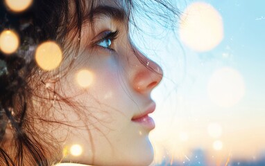 Fototapeta premium A serene profile of a young woman with soft natural lighting and a dreamy bokeh background, capturing a moment of contemplation.