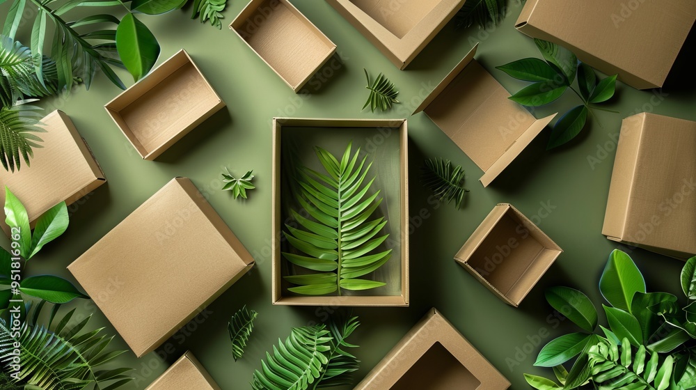 Poster a bunch of cardboard boxes with a leaf in the middle