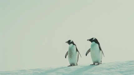 Fototapeta premium Two penguins standing on a snowy landscape, facing each other in a serene, open setting with soft light filtering through.
