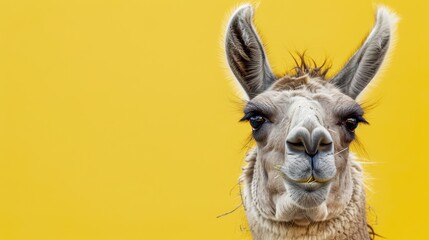 Obraz premium Close-up portrait of a llama against a vibrant yellow background, showcasing its unique features and expressive eyes.