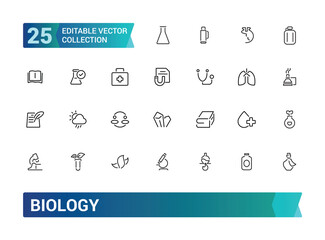 Set of biology icons. Thin linear style icons pack. Vector illustration. Editable stroke icons.