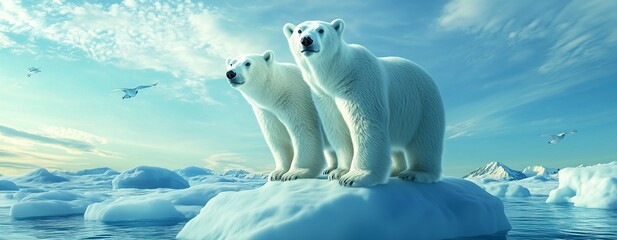 Polar bears standing on ice caps beneath a vibrant ozone layer, symbolizing the protection of wildlife, flat art, World Ozone Day
