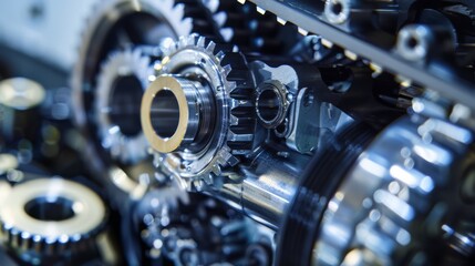 Fototapeta premium A complex arrangement of metallic gears and cogs intricately meshed together, epitomizing mechanical engineering and industrial precision.