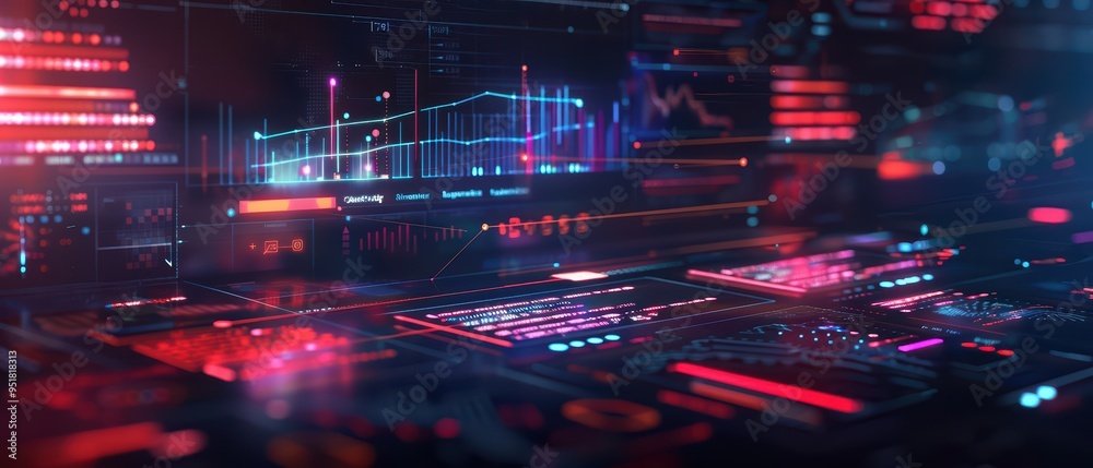 Poster futuristic digital interface with colorful graphics and data visualizations, ideal for technology an