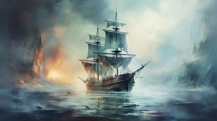 Fototapeta premium A majestic ship sails through misty waters, evoking adventure and mystery in a dramatic seascape.