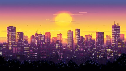 Fototapeta premium A vibrant sunset over a pixelated city skyline, showcasing buildings and glowing lights.