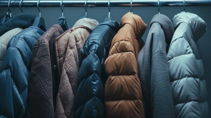 A row of hanging winter coats in various colors and textures, showcasing cozy, warm attire ahead of cold weather.