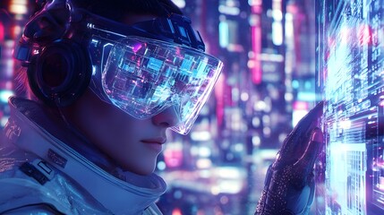 Futuristic Optician Examining Cosmic Ray Inspired High Tech Spectacles in Neon Lit Cityscape