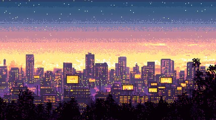 Obraz premium Pixel art city skyline at sunset with vibrant colors and starry sky.