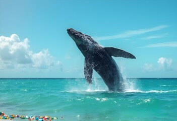 Obraz premium Majestic Whale Breaching the Ocean with Clear Blue Sky