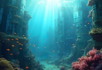 Surreal Underwater Cityscape with Vibrant Marine Life and Sunken Buildings