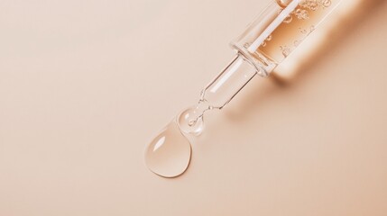 Dropper Bottle with Liquid Droplet on a Light Brown Background