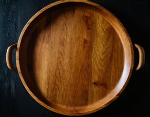 Fototapeta premium Round wooden tray or cutting board on black table. Top view of empty kitchen trendy rustic wooden tray saw cut imitation on black wooden background. Copy space for text. Ai generated image