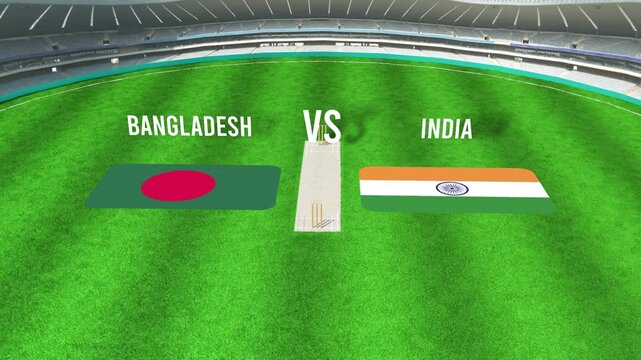 Aerial View of Cricket Stadium with BANGLADESH and INDIA Flags on Ground