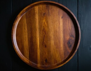 Round wooden tray or cutting board on black table. Top view of empty kitchen trendy rustic wooden tray saw cut imitation on black wooden background. Copy space for text. Ai generated image