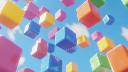 Obraz premium Colorful floating blocks in a bright blue sky during a sunny day