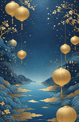 Fototapeta premium elegant mid autumn festival blue card lantern chinese architecture moon golden colour 