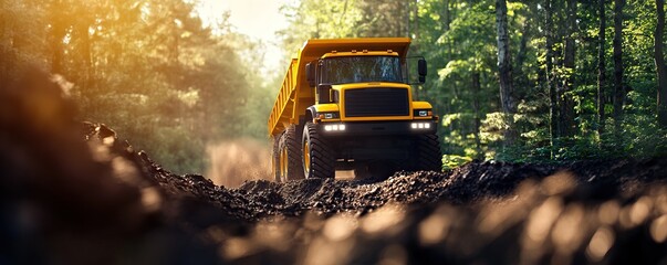 A powerful yellow dump truck traverses a sunlit forest road, showcasing heavy machinery in action amidst nature's beauty.