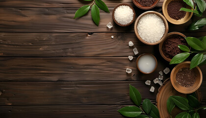 Obraz na płótnie Canvas Natural Spa with coffee, sea salt and sugar, banner, flat lay. Organic spa cosmetic products and natural skincare concept on dark wooden background