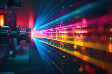 Vibrant laser beams emerge from a precision instrument, showcasing a spectrum of colors in a dynamic, high-tech environment.