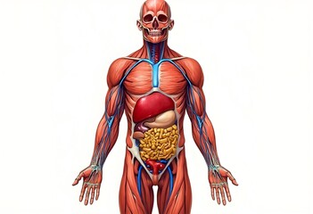 Detailed Human Anatomy Illustration Showing Muscles, Organs, and Vascular System