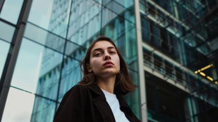 Fototapeta premium A woman with a serious expression stands in front of a modern glass building, reflecting the urban environment behind her.