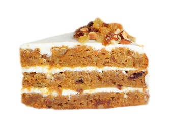 piece of carrot cake on white background