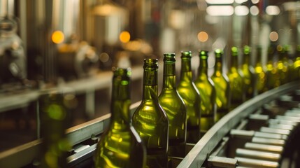 Green glass bottles aligned in a row on a conveyor belt in an industrial bottling plant, ready for packaging.