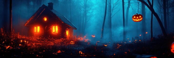 Eerie Halloween Night with Haunted House and Full Moon - Background with Copyspace for Advertisements