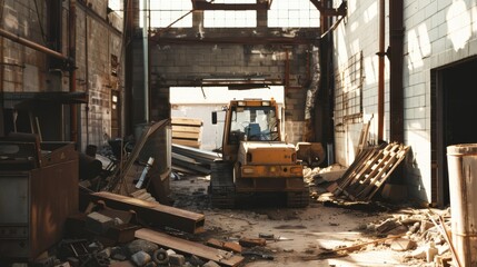 Fototapeta premium A yellow excavator stands stationary in a rundown warehouse cluttered with debris and broken materials, bathed in afternoon sunlight filtering through a broken roof.