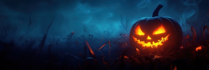 Glowing Pumpkin in Misty Halloween Setting - Background with Copyspace for Event Promotions