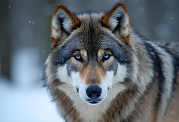 Naklejka premium Captivating Close-Up of a Majestic Wolf with Piercing Blue Eyes