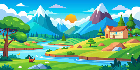 Nature Cartoon Scenery Summertime. Panoramic Rural Countryside by River with Clear Sky in the Morning. Spring Landscape at Village by The Lake with Green Fields, Mountain, Blue Sky and Clouds. 