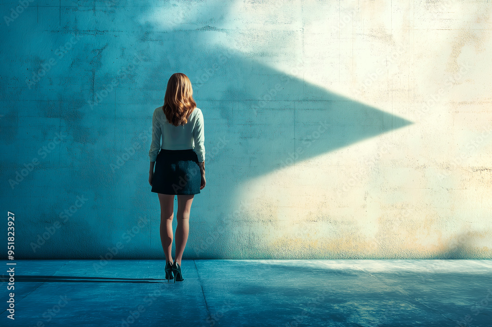 Poster woman standing alone in a minimalist setting with contrasting light and shadow on the wall.