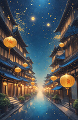 Fototapeta premium elegant mid autumn festival blue card lantern chinese architecture moon golden colour 