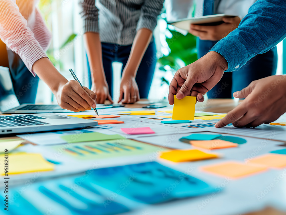 Poster Close-up of team brainstorming with sticky notes and documents on a desk.