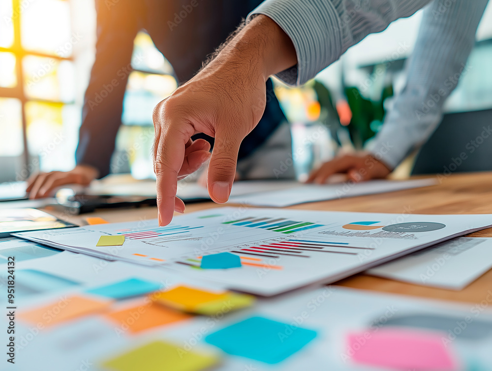 Poster business team analyzing charts and graphs on a wooden desk background.