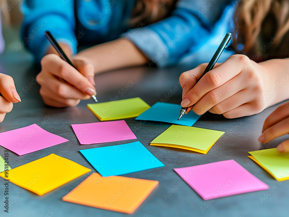 Poster hands writing on colorful sticky notes on a table.