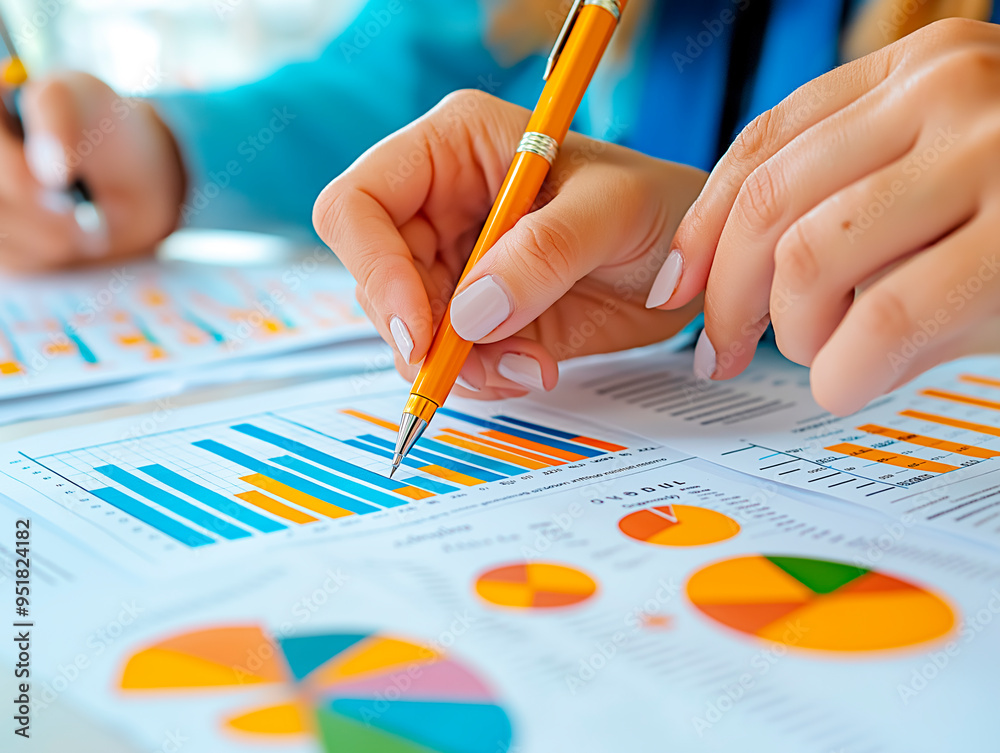 Poster Close-up of hands analyzing colorful charts and graphs with pen.