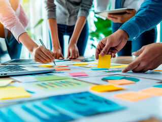 Fototapeta premium Close-up of team brainstorming with sticky notes and documents on a desk.