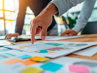 Obraz premium Business team analyzing charts and graphs on a wooden desk background.