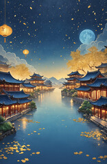 elegant mid autumn festival blue card lantern chinese architecture moon golden colour 