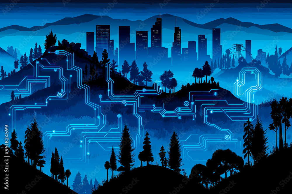 Poster futuristic cityscape with circuit board patterns on a blue-toned forest background.